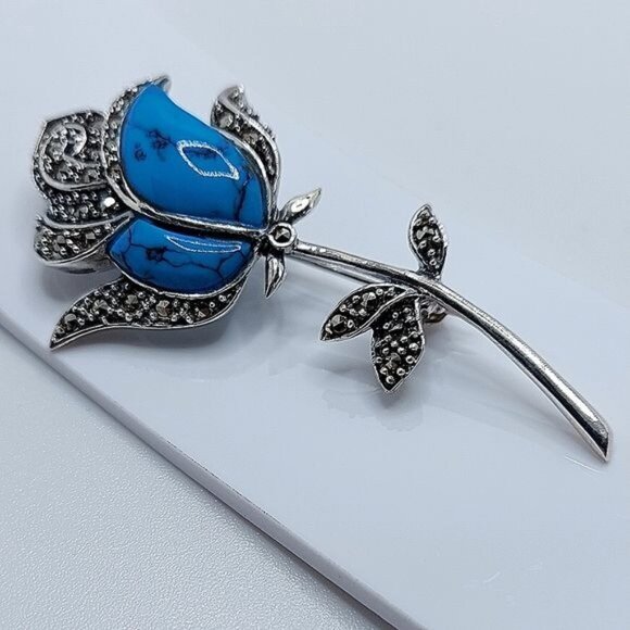 Stabilized Natural Blue Turquoise & Marcasite 925 Sterling Silver Rose‎ Brooch - Picture 6 of 10